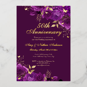 フラワー パープル ゴールド 50周年 記念日の結婚式 箔招待状