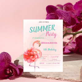 フラワー ピンク フラミンゴ 夏の誕生日パーティー 招待状