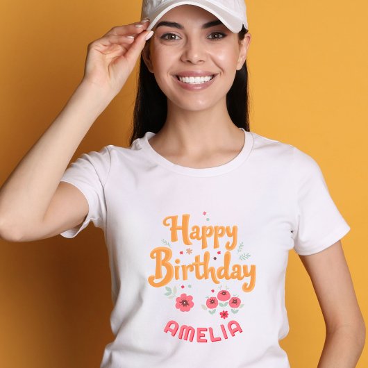 フラワー・フラワーズ・ハッピーバースデー ハンドレタリング Tシャツ