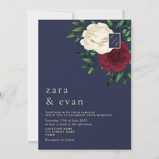 フラワー ブルゴーニュ ネイビーブルーの結婚式 招待状 (正面)