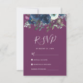 フラワー プラム ネイビーブルー 水彩 結婚式 RSVP カード (正面)