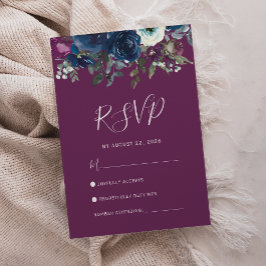 フラワー プラム ネイビーブルー 水彩 結婚式 RSVP カード