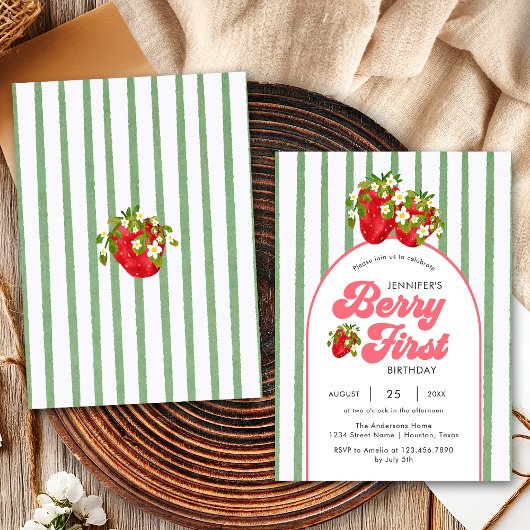 フラワー ホワイト グリーン ストロベリー ベリー 1歳 誕生日 招待状