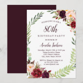 フラワー リース ワインレッド 80歳の誕生日 招待状 (正面/裏面)