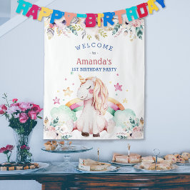 フラワー・レインボー・ユニコーン・ガール・バースデー・ウェルカム タペストリー