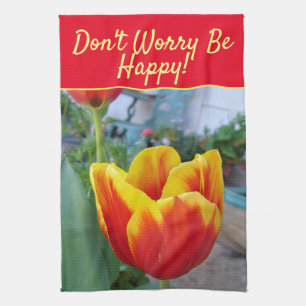 フラワー レッド イエロー チューリップ Don't Worry Be Happy キッチンタオル
