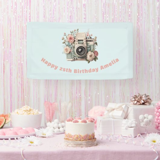 フラワー レトロ パステル 画像 誕生日 カメラ 横断幕 (パーティー)