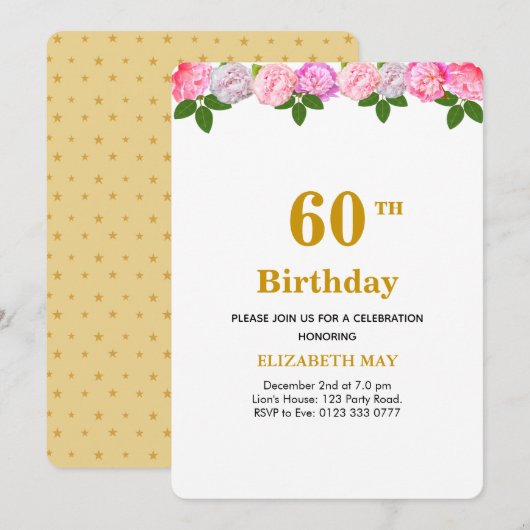 フラワー+ローレルの葉 40歳、60歳の誕生日 招待状 (正面/裏面)