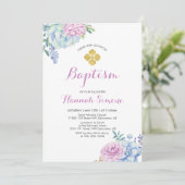 フラワー&金ゴールドクロス |女の子バプテスマ/《キリスト教》洗礼式や命名式 招待状 (スタンド正面)