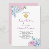 フラワー&金ゴールドクロス |女の子バプテスマ/《キリスト教》洗礼式や命名式 招待状 (正面/裏面)