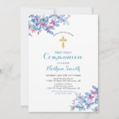 フラワー&金ゴールドクロス Boy First Holy Communion（男子ファースト聖餐式） 招待状 (正面)