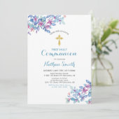 フラワー&金ゴールドクロス Boy First Holy Communion（男子ファースト聖餐式） 招待状 (スタンド正面)