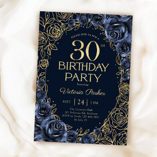 フラワー 30歳の誕生日 ネイビーブルー ゴールド 招待状