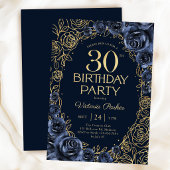 フラワー 30歳の誕生日 ネイビーブルー ゴールド 招待状