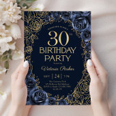 フラワー 30歳の誕生日 ネイビーブルー ゴールド 招待状