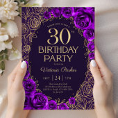 フラワー 30歳の誕生日 パープル ゴールド 招待状