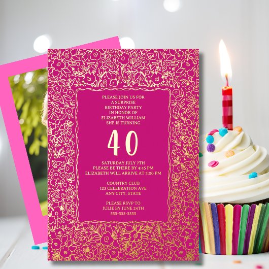 フラワー 40歳のサプライズ誕生日テンプレート ピンク ユニーク 箔招待状
