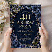 フラワー 40歳の誕生日 ネイビーブルー ゴールド 招待状