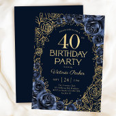 フラワー 40歳の誕生日 ネイビーブルー ゴールド 招待状