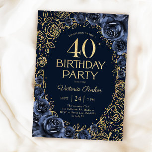 フラワー 40歳の誕生日 ネイビーブルー ゴールド 招待状