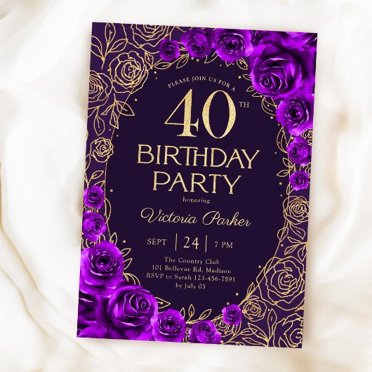 フラワー 40歳の誕生日 パープル ゴールド 招待状