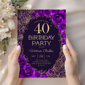 フラワー 40歳の誕生日 パープル ゴールド 招待状