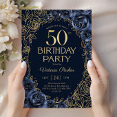 フラワー 50歳の誕生日 ネイビーブルー ゴールド 招待状
