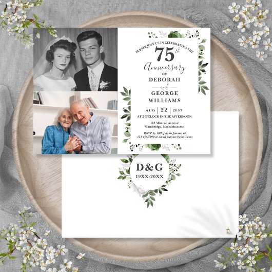 フラワー 75周年結婚記念日 Then & Now 2枚の写真 招待状