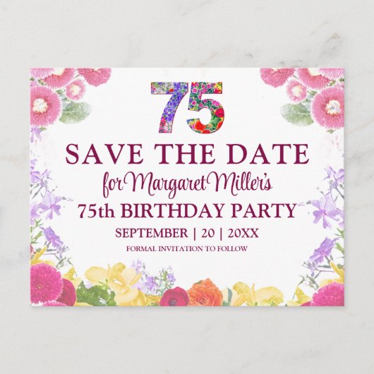 フラワー 75歳の誕生日 Save the Date エレガント 案内ポストカード (正面)