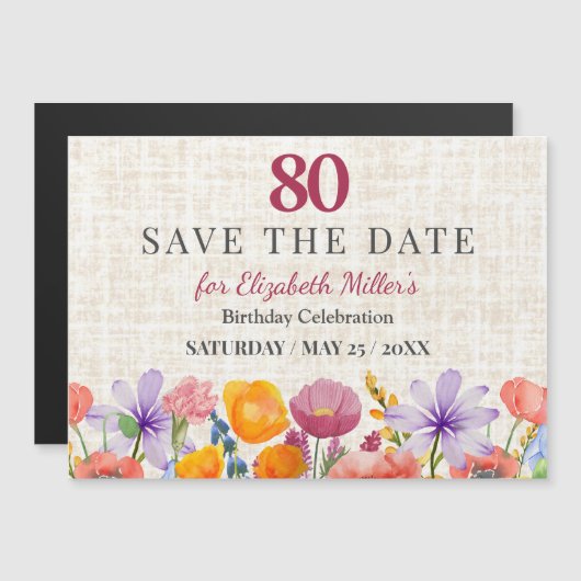 フラワー 80歳の誕生日 Save the Date - ガーデンパーティ マグネット招待状 (正面/裏面)