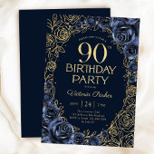 フラワー 90歳の誕生日 ネイビーブルー ゴールド 招待状