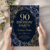 フラワー 90歳の誕生日 ネイビーブルー ゴールド 招待状