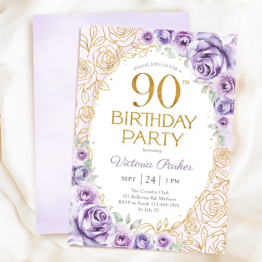 フラワー 90歳の誕生日 ライラック パープル ゴールド 招待状