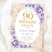 フラワー 90歳の誕生日 ライラック パープル ゴールド 招待状