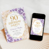 フラワー 90歳の誕生日 ライラック パープル ゴールド 招待状