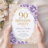 フラワー 90歳の誕生日 ライラック パープル ゴールド 招待状