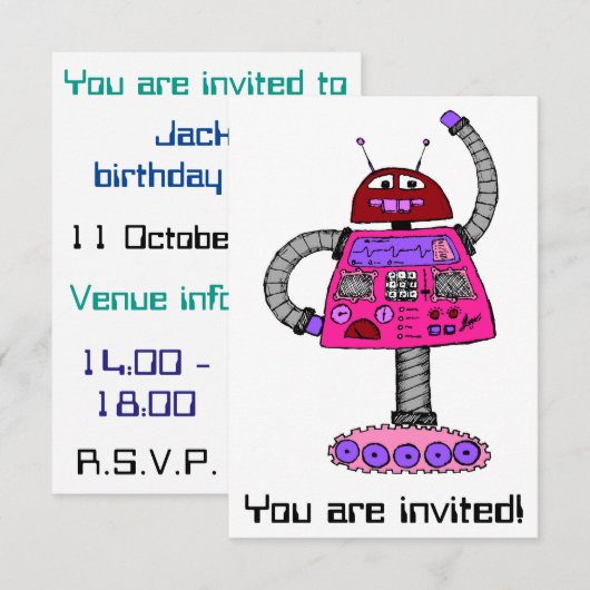フランキー・ロボット: 白地にピンク 招待状 (正面/裏面)