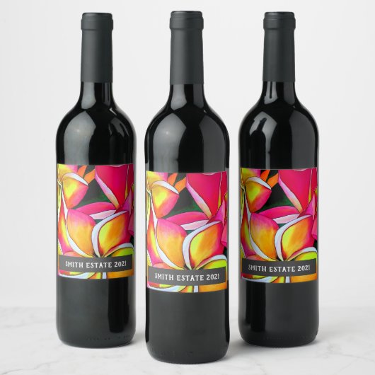 フランギパン花の水彩フローラアートワインラベル ワインラベル (ボトル)