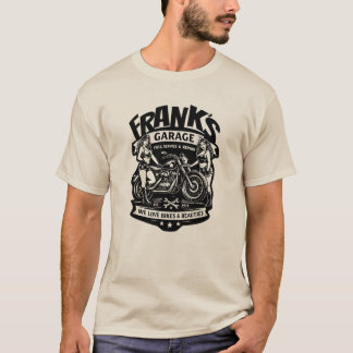 フランクのガレージ ビンテージ バイク ピンアップ Tシャツ