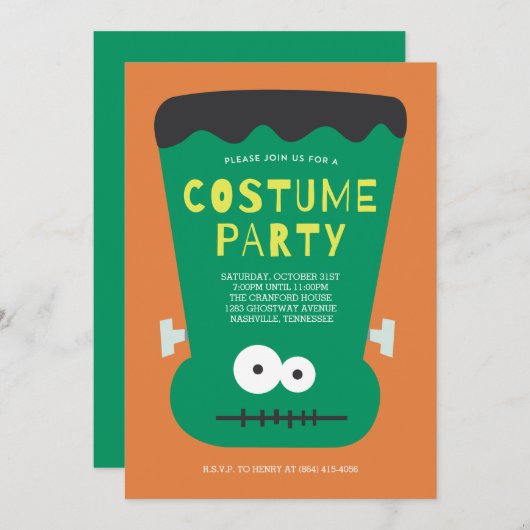 フランケンシュタインハロウィーン衣装パーティの招待状 招待状 (正面/裏面)