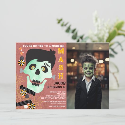 フランケンシュタインハロウィーン誕生日フォト招待状 招待状 (スタンド正面)