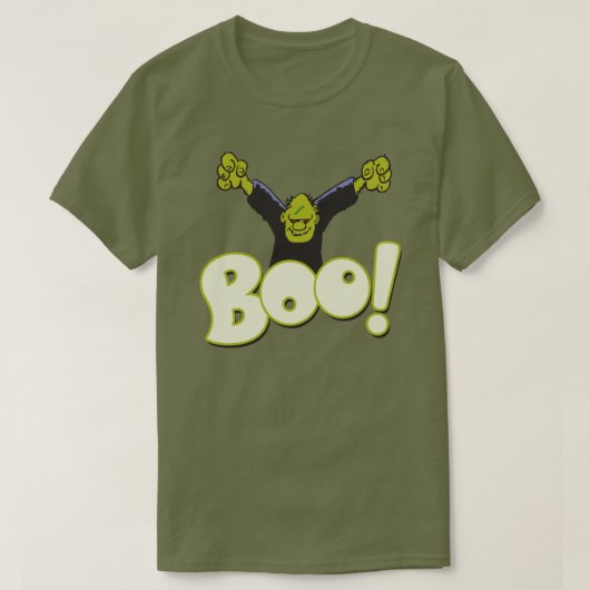 フランケンシュタインモンスターハロウィーンBOOタイプ緑 Tシャツ (デザイン正面)