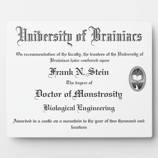 フランケンシュタイン卒業証書 フォトプラーク (正面)