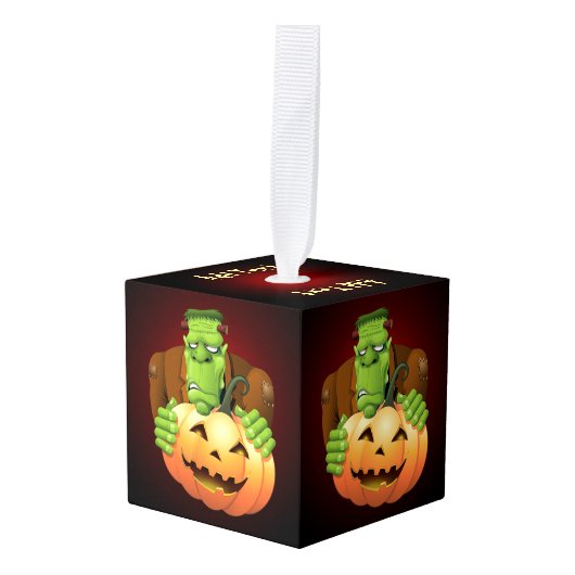 フランケンシュタイン・モンスターマンガとカボチャ キューブオーナメント (正面アングル)