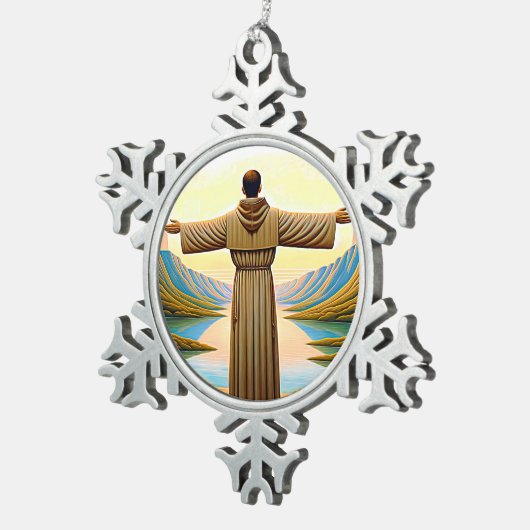 フランシスカンタウとしてのアッシジのAI聖フランシス2 スノーフレークピューターオーナメント (右)