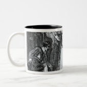 フランシス・ドレークをナイト爵に叙しているエリザベス女王一世 ツートーンマグカップ (左)