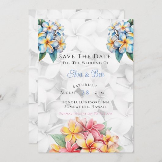 フランジパニハワイアンウェディングデイトカードを保存 招待状 (正面/裏面)