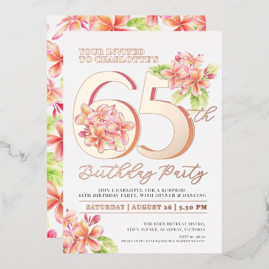 フランジパニフローラピンクオレンジ65th誕生日パーティー 箔招待状 (正面/裏面)