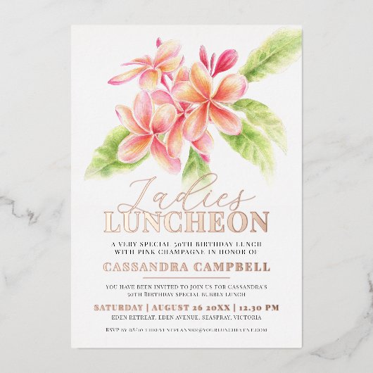 フランジパニフローラレディースランチョンバースデー 箔招待状 (正面)