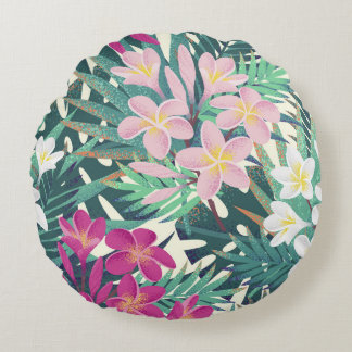 フランジパニ熱帯性：ピンク – ホワイトヴィンテージ。 ラウンドクッション